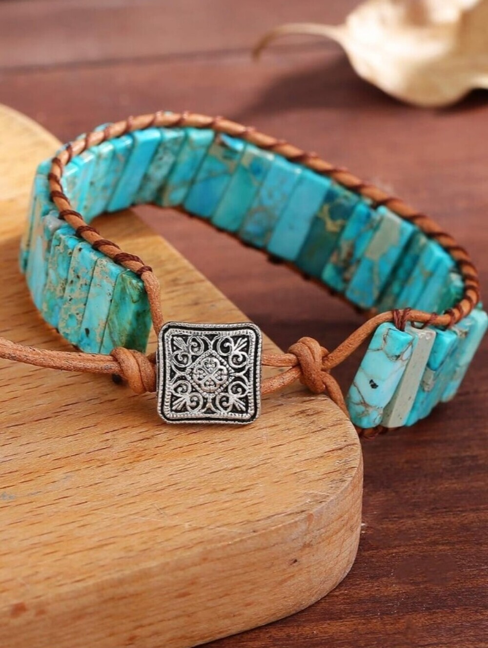 Turquoise Bead Wrap Bracelet with Tan Leather and Silver Decorative Button
